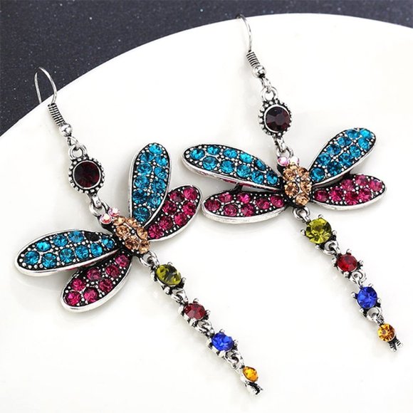 Multi Color Dragonfly Crystal Rhinestone Silver Plated Hook Earrings, VP1019 - Picture 5 of 9